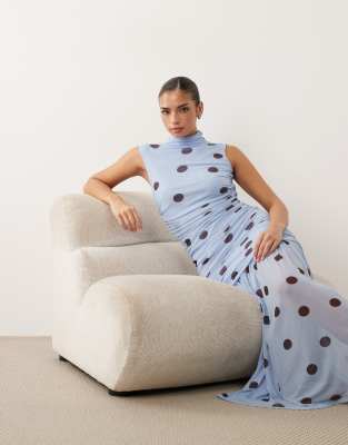 Asos Design Printed Polka Dot Ruched Drop Waist Circle Dress With Grown-on Neck In Blue