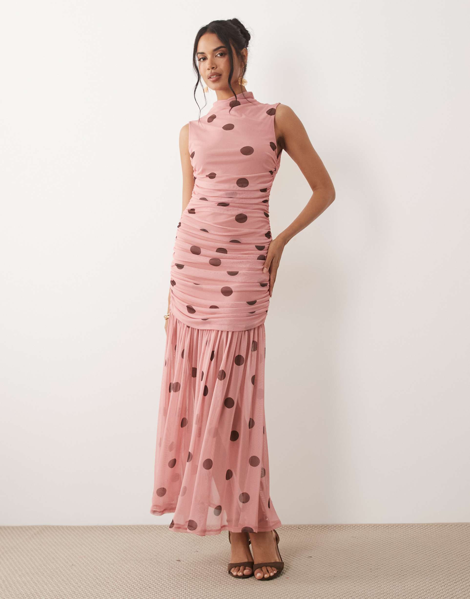 asos design printed polka dot ruched drop waist circle dress with grown on neck in pink