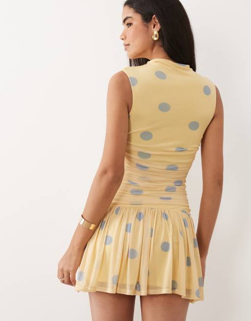ASOS DESIGN printed polka dot ruched drop waist circle mini dress with grown in neck in lemon and blue, 3 of 4