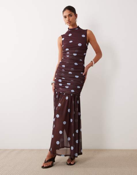 ASOS DESIGN printed polka dot ruched dropped waist circle dress with grown on neck in burgundy - view 1