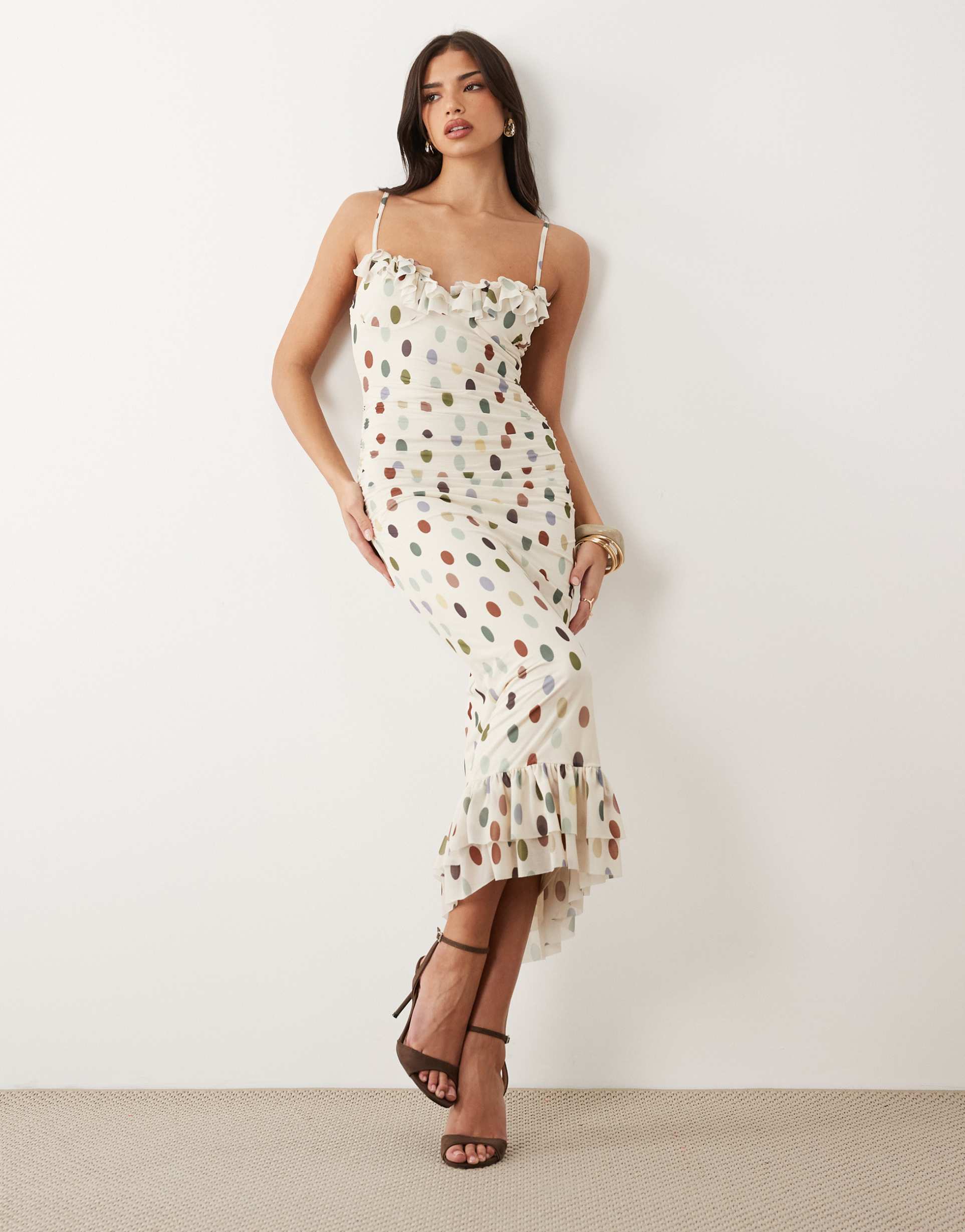 asos design printed polka dot stretch chiffon midi dress with frill bust detailing in cream