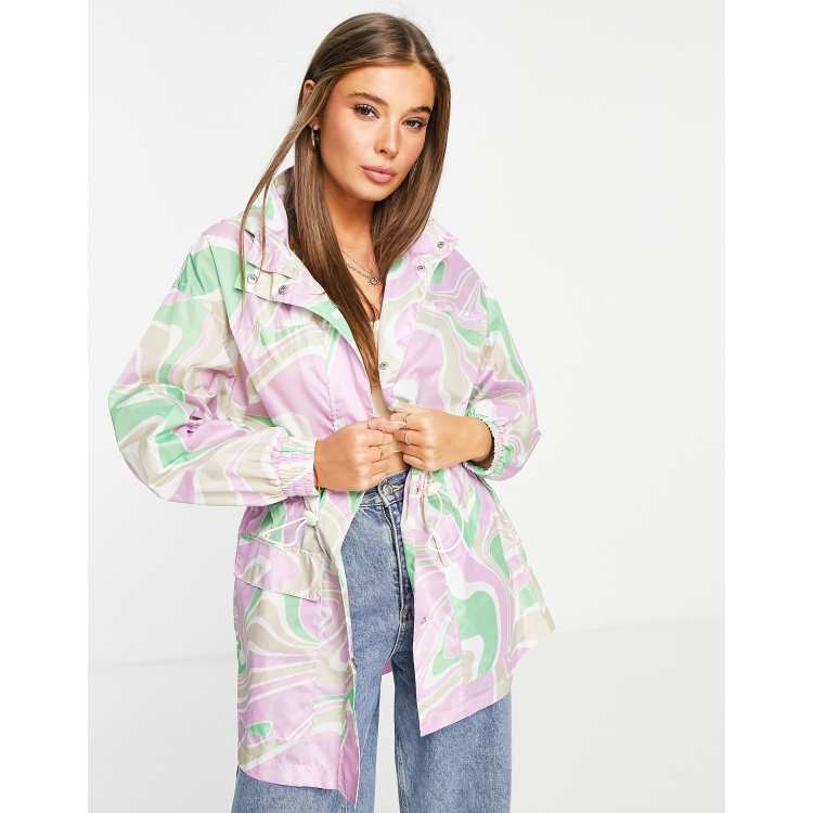 ASOS DESIGN printed rain jacket in pink and green