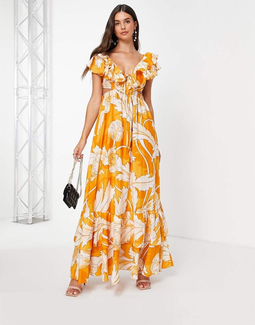 ASOS DESIGN printed ruffle maxi dress with lace up back and satin trims-Multi