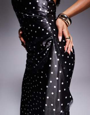 Asos Design Printed Satin Draped Maxi Dress With Lace Detail In Black