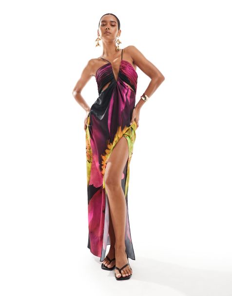 ASOS DESIGN printed satin maxi dress with keyhole detail in abstract floral - view 1