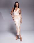 [ASOS DESIGN] ASOS DESIGN printed sequin halter maxi dress in orange 10 orange