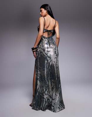 Asos Design Printed Sequin Maxi Dress With Slit In Black