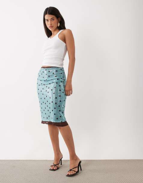 ASOS DESIGN printed sequin midi skirt in turquoise and chocolate polka dot - view 1