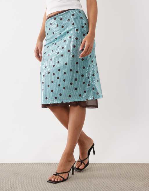 ASOS DESIGN printed sequin midi skirt in turquoise and chocolate polka dot, 2 of 5