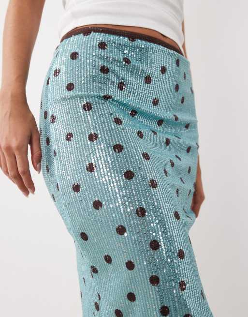 ASOS DESIGN printed sequin midi skirt in turquoise and chocolate polka dot, 3 of 5
