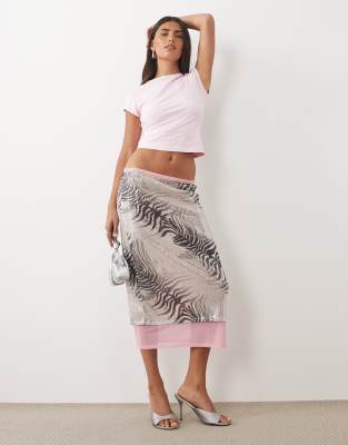 Asos Design Printed Sequin Peek A Boo Hem Midi Pencil Skirt In Multi