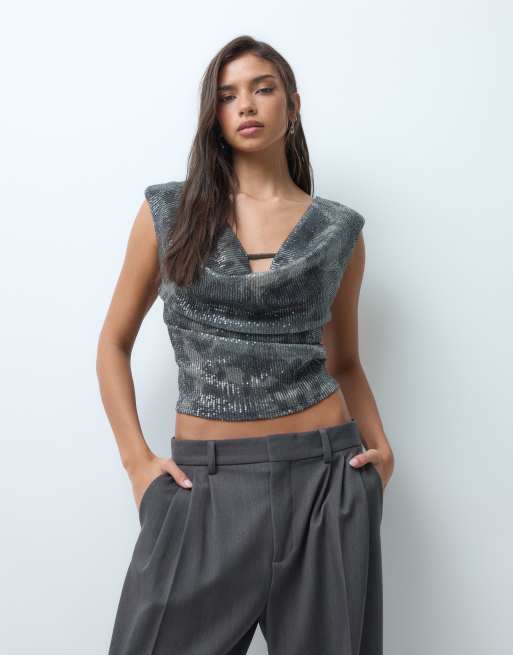 ASOS DESIGN printed sequin plunge top in camo, 3 of 5