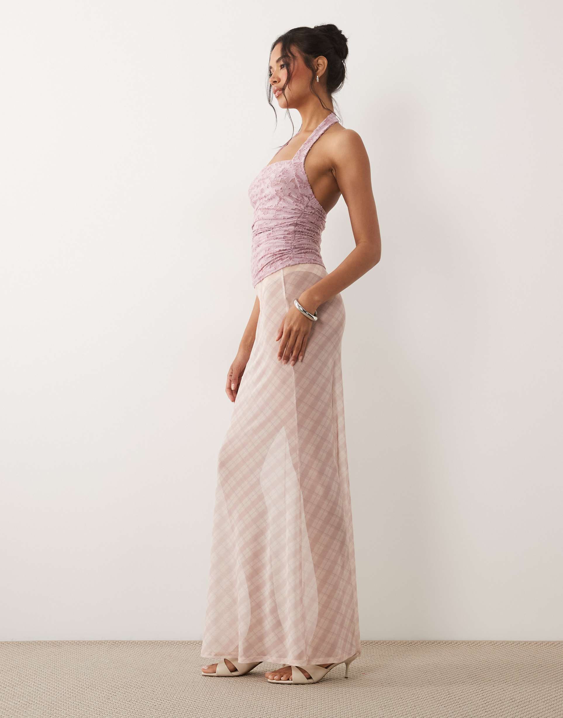 asos design printed sheer mesh maxi skirt in pink check