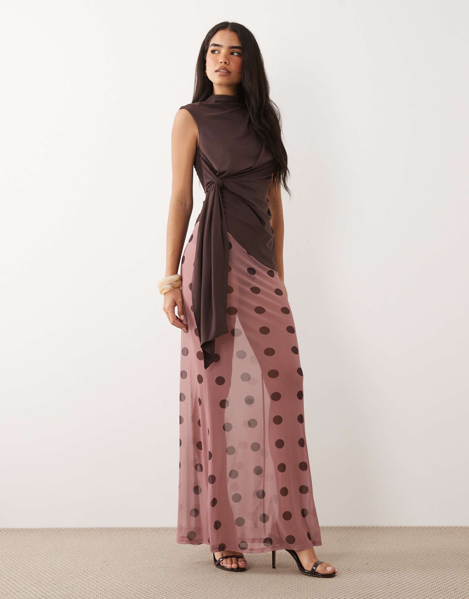 asos design printed sheer mesh maxi skirt in pink polka dot print