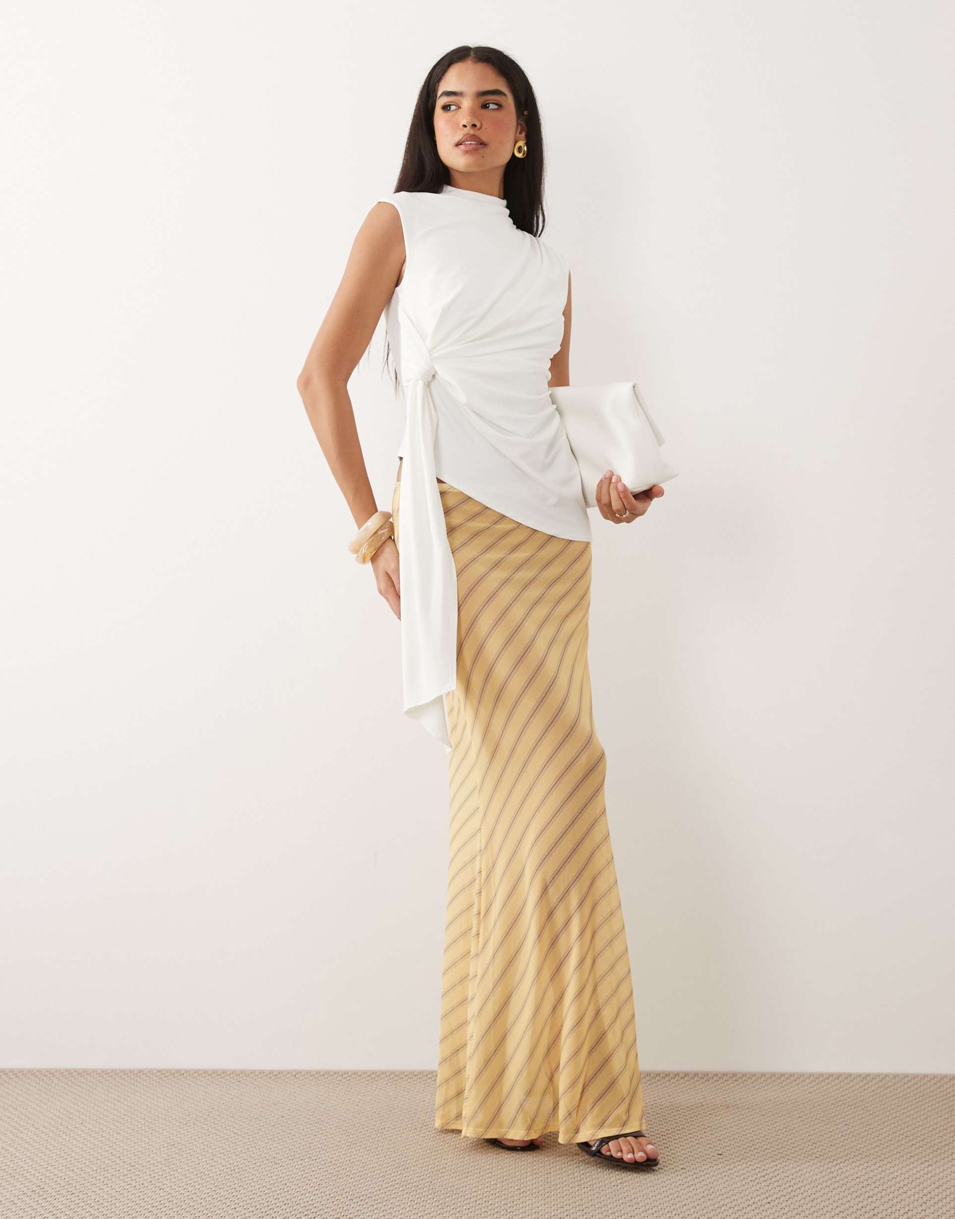 asos design printed sheer mesh maxi skirt in yellow stripe