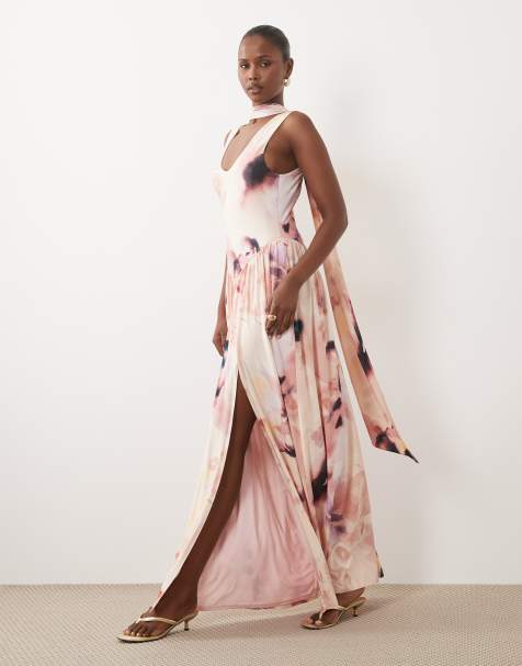 ASOS DESIGN printed slinky maxi dress with scarf detail in pink floral - view 1