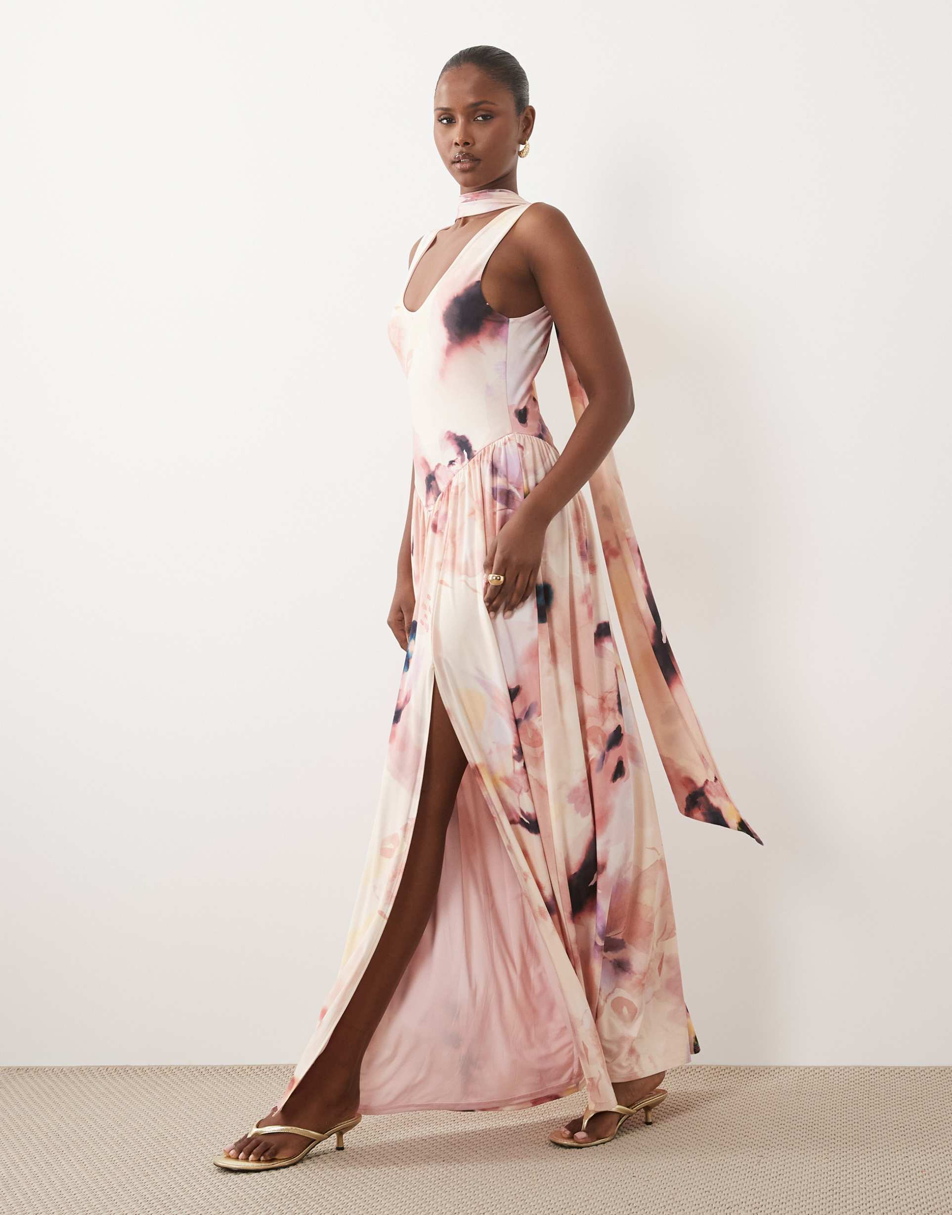 asos design printed slinky maxi dress with scarf detail in pink floral