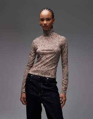 Asos Design Printed Snake Gauzy Second Skin Mesh Turtle Neck Top In Multi