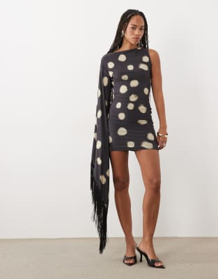 Asos Design Printed Spot Fringe Detail Mini Dress With Batwing Sleeve In Black