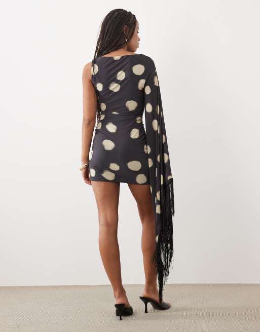 ASOS DESIGN printed spot fringe detail mini dress with batwing sleeve in black, 4 of 4
