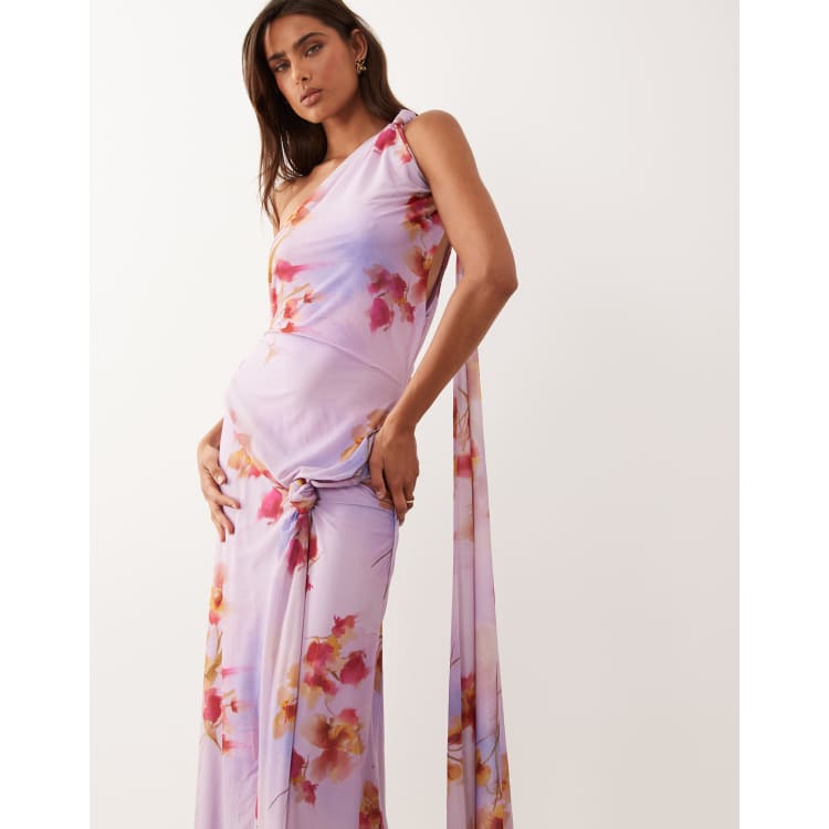 pink floral print chiffon one shoulder draped bodycon dress pink floral one shoulder dress Floral One Shoulder Side Slit Maternity Maxi  Dress  PinkBlush-parroquiadesanalbertomagno.com