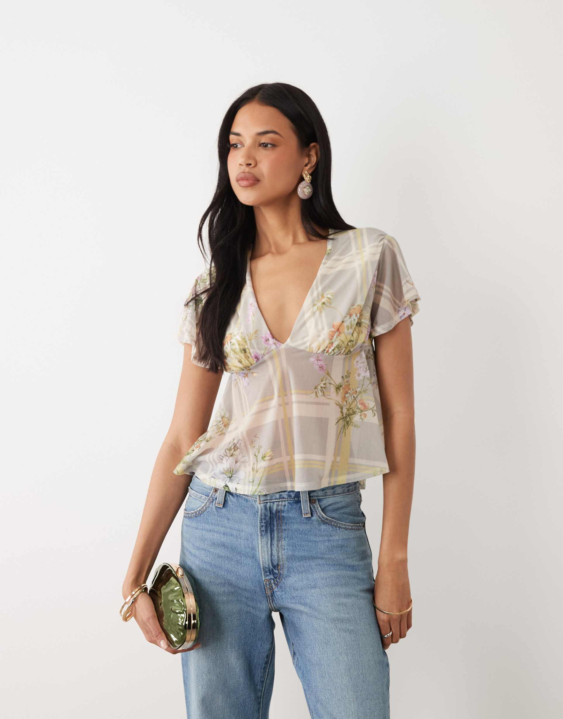 asos design printed stretch chiffon flutter sleeve top in floral