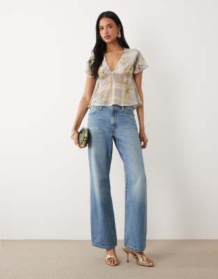 Asos Design Printed Stretch Chiffon Flutter Sleeve Top In Multi