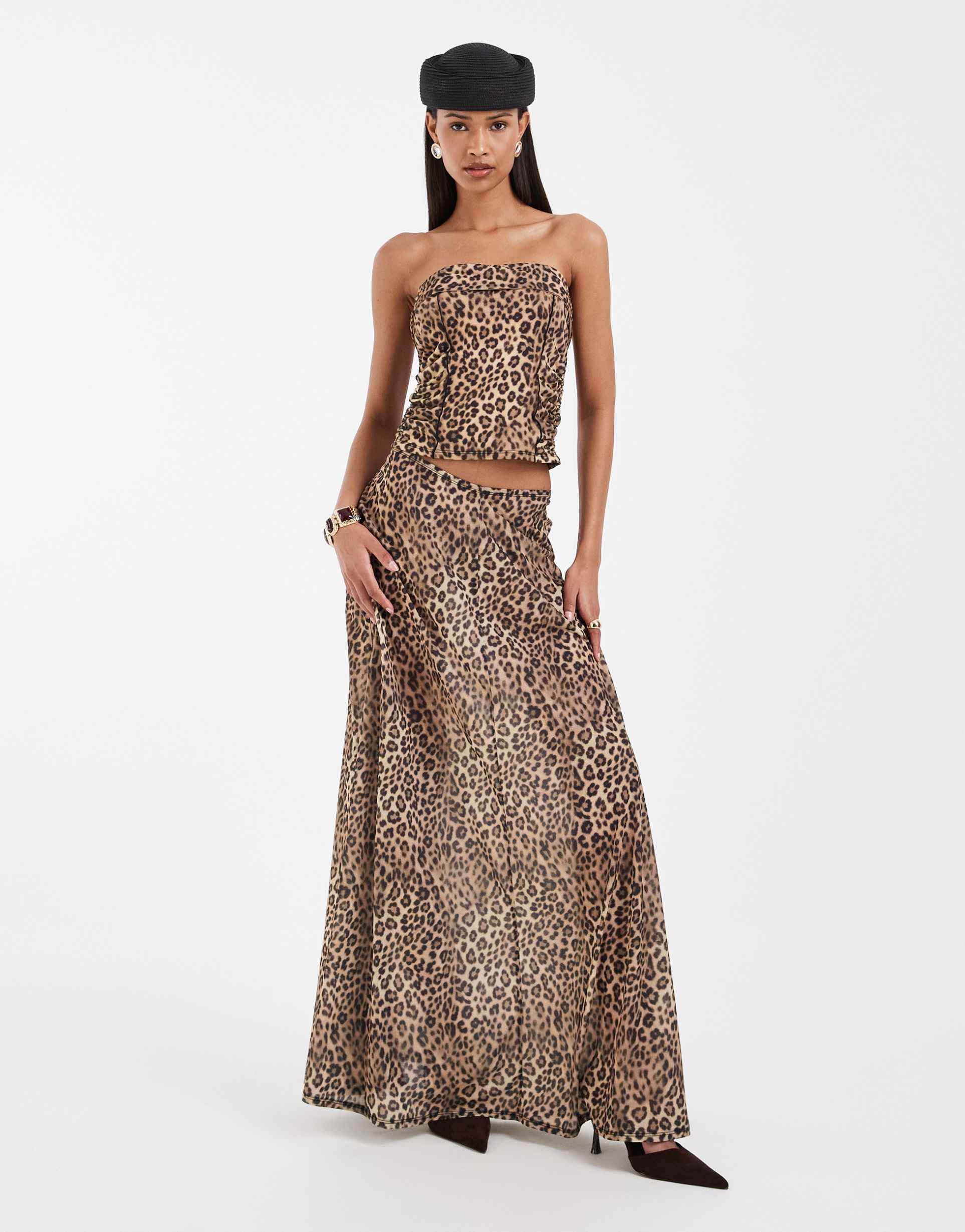 asos design printed stretch chiffon full hem maxi skirt in leopard print