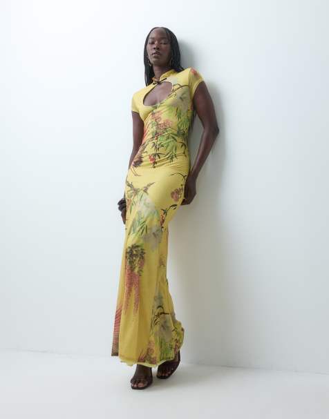 ASOS DESIGN printed stretch chiffon maxi dress with mandarin collar in botanical print - view 1