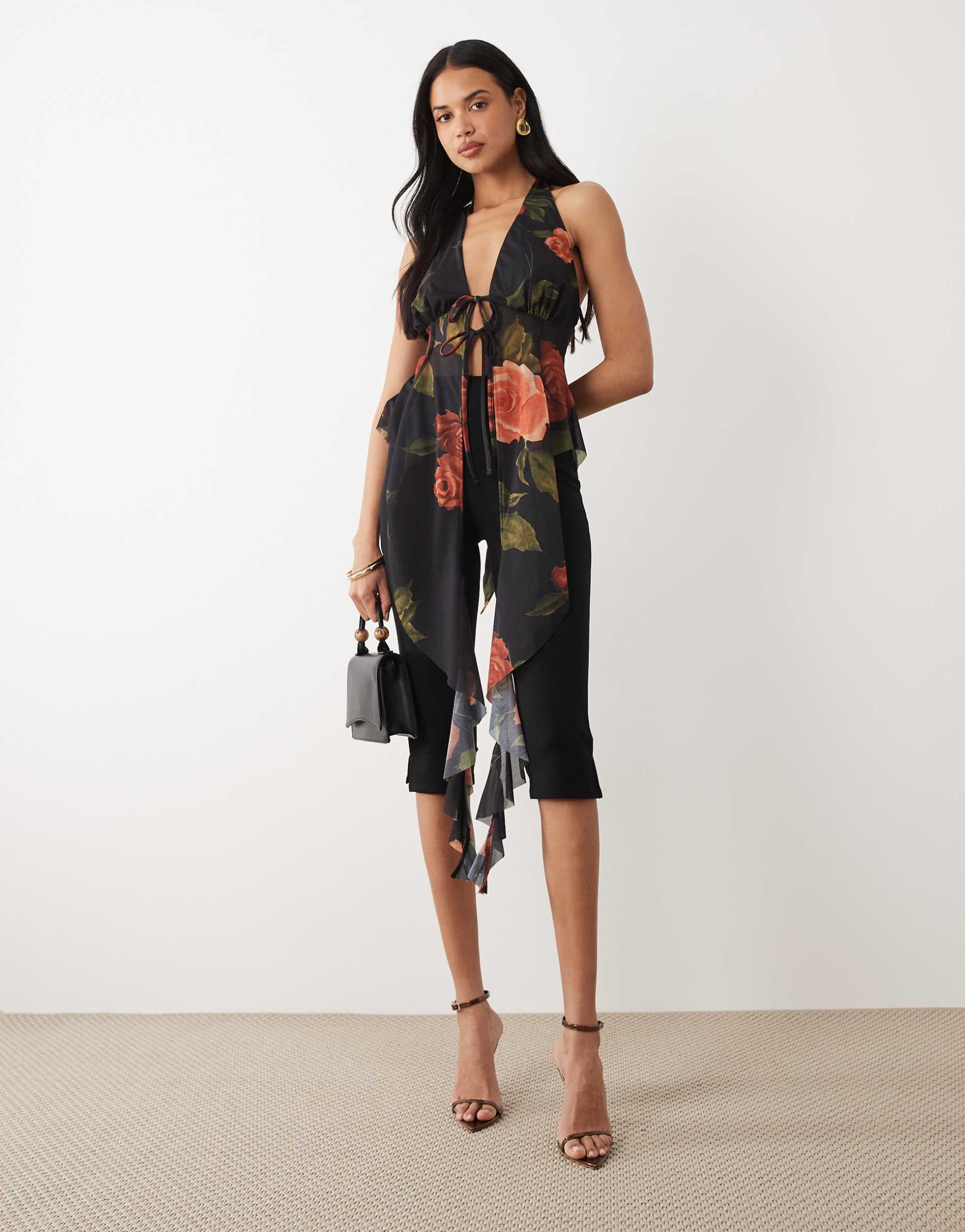 asos design printed stretch chiffon ruffle top in rose print
