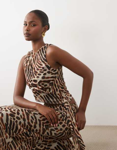 ASOS DESIGN printed stretch chiffon slash neck top with sash in animal print (part of a set) - view 1