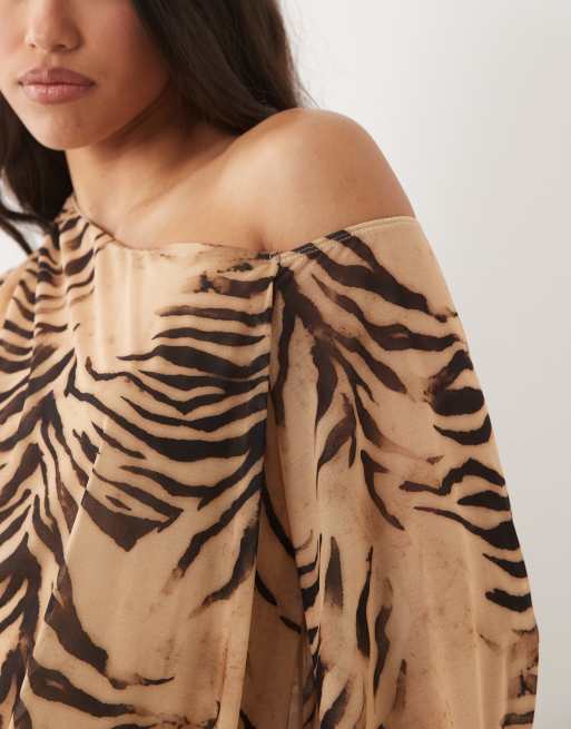 ASOS DESIGN printed stretch chiffon slouchy mini dress with extreme blouson sleeves in zebra, 4 of 4