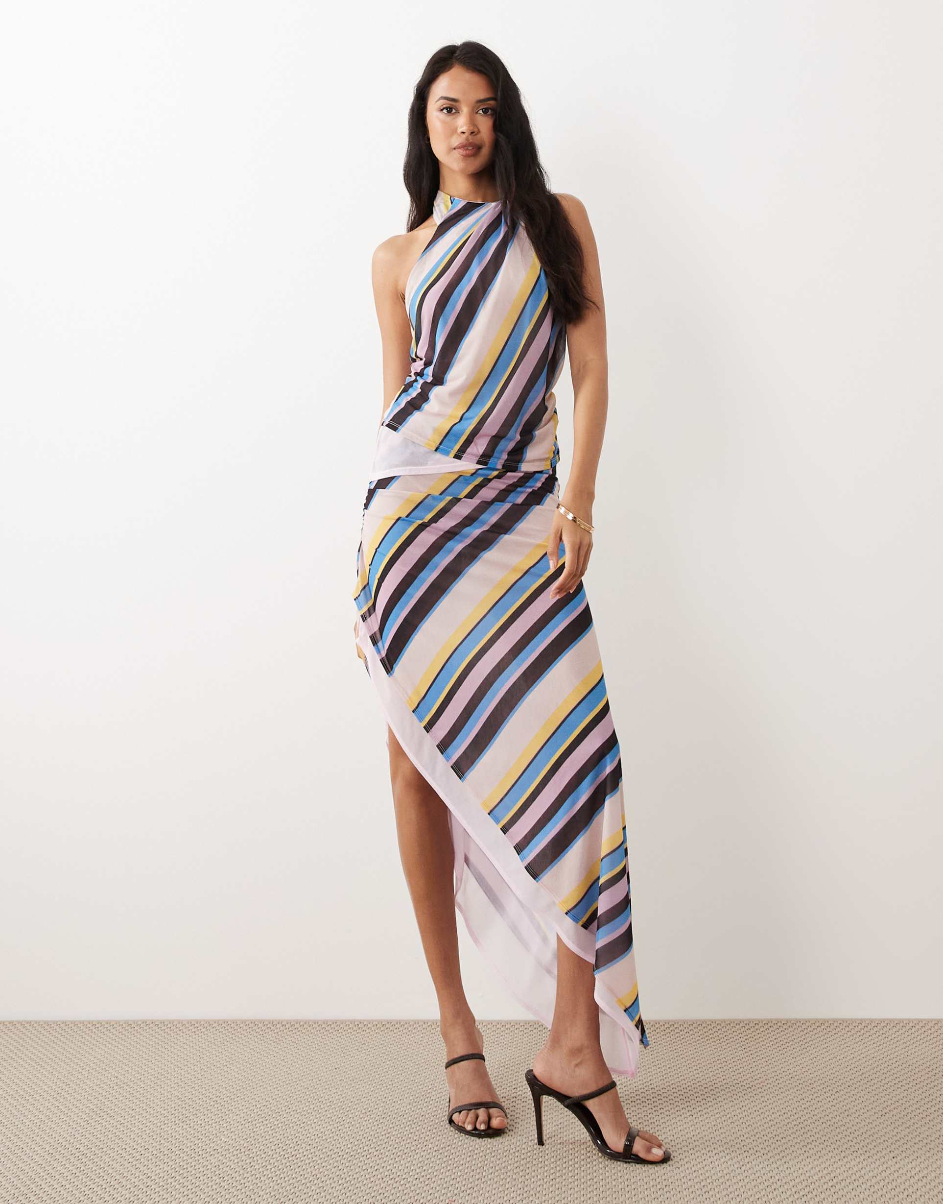 asos design printed stretch chiffon tie neck top in multi stripes - part of a set