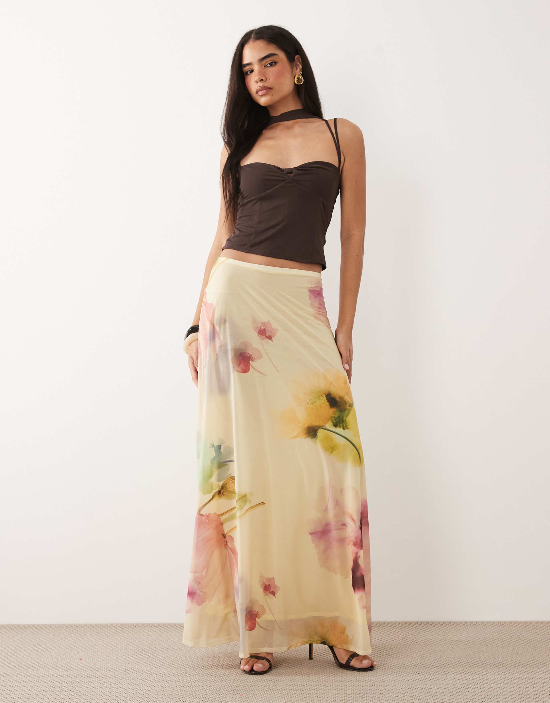 asos design printed stretch full hem maxi skirt in floral