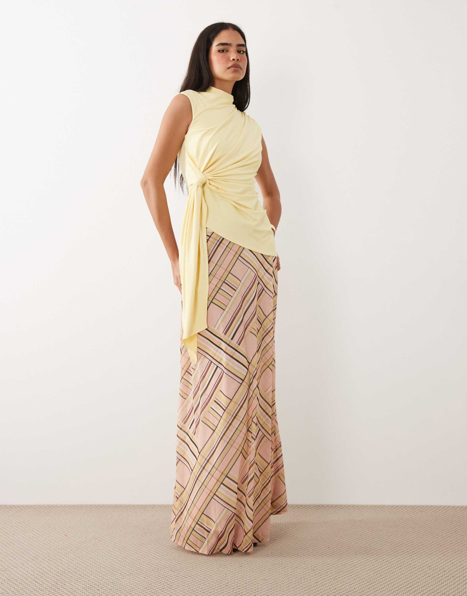 asos design printed stretch full hem maxi skirt in geometric stripe