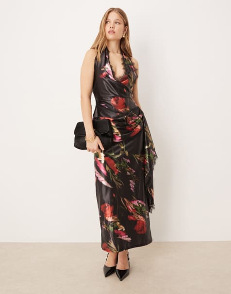 ASOS DESIGN printed stretch satin draped maxi dress with lace detail in dark floral - view 1