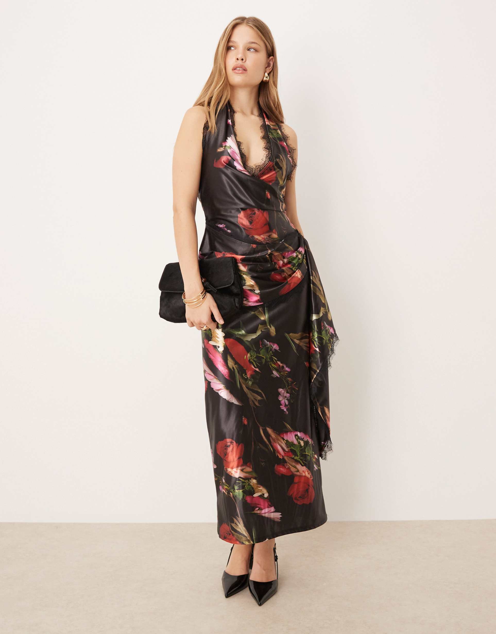 asos design printed stretch satin draped maxi dress with lace detail in dark floral