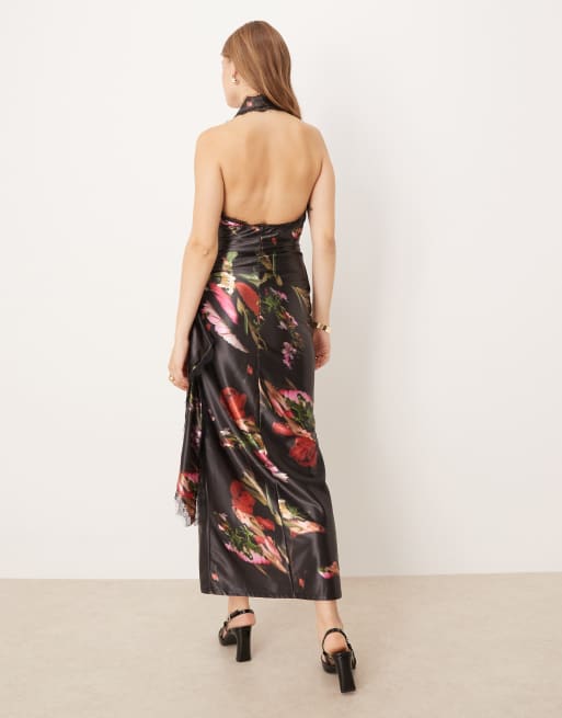 ASOS DESIGN printed stretch satin draped maxi dress with lace detail in dark floral, 2 of 4