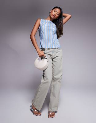 ASOS DESIGN PRINTED STRIPE PLISSE RUCHED SIDE SLEEVELESS TOP