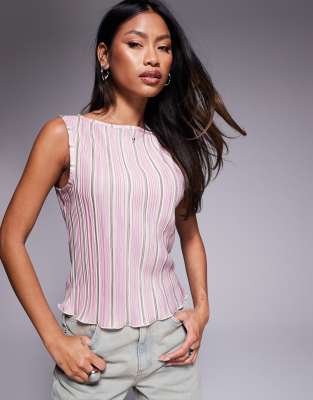 Asos Design Printed Striped Plisse Cap Sleeve Tee In Multi