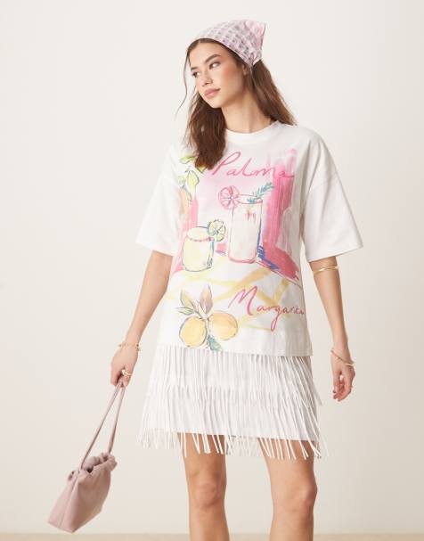 ASOS DESIGN printed t shirt mini dress with fringing detail - view 1