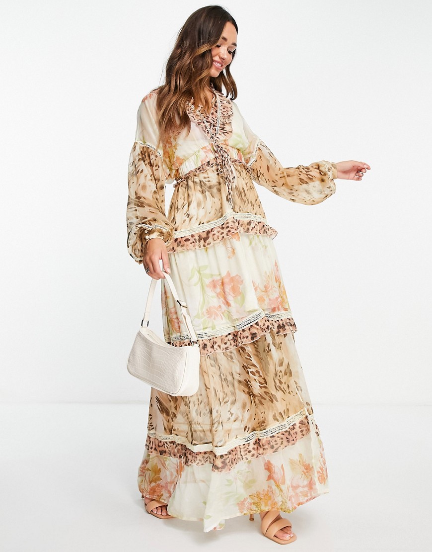 ASOS DESIGN printed tiered textured maxi dress with ruffle detail and lace trim-Multi