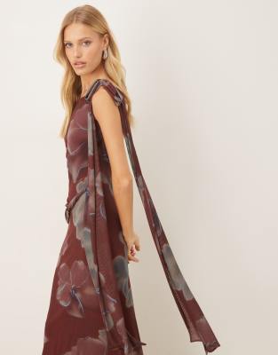 Asos Design Printed Twist Detail Draped Maxi Dress In Brown