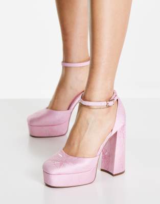 ASOS DESIGN Priority platform high heeled shoes in pink jaquard | ASOS