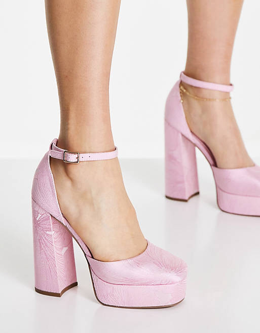 unique Glare money transfer ASOS DESIGN Priority platform high heeled shoes in pink jaquard | ASOS