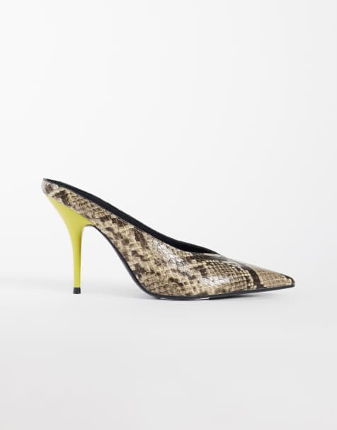 ASOS DESIGN Prism stiletto muiltjes met hoge hak in slangenprint en lime - view 1