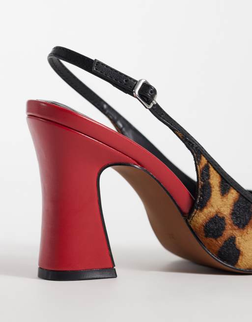 ASOS DESIGN Pristine escarpins slingback à talon carré en cuir véritable à poils, imprimé léopard et rouge, 4 de 4