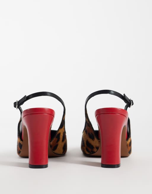 ASOS DESIGN Pristine premium hair on real leather slingback block heels in leopard and red, 2 of 4