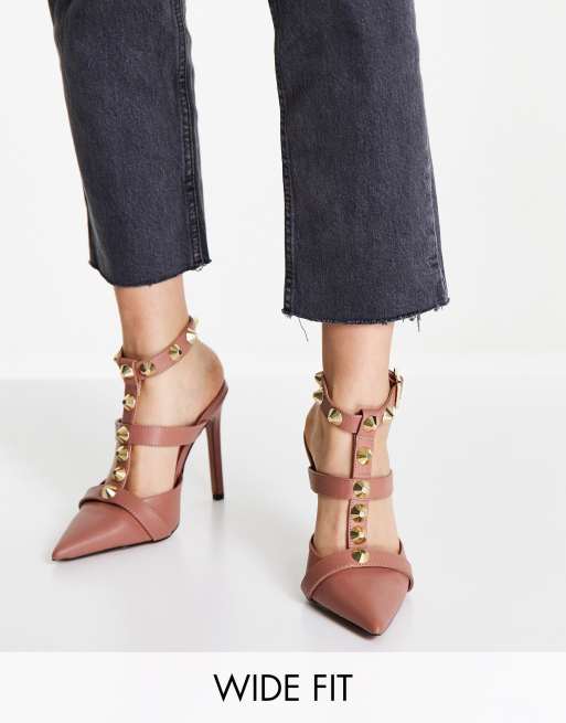 ASOS DESIGN - Priyah - Schoenen met brede pasvorm, hoge hak en studs in beige