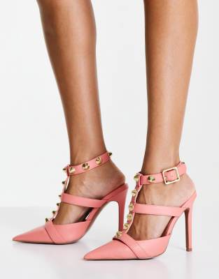 ASOS DESIGN Priyah studded high heeled shoes in pink